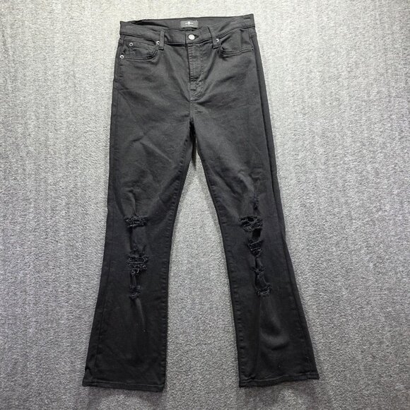 7 For All Mankind Jeans Womens 27 Black High Waist Slim Kick Distressed Ripped - Picture 1 of 12